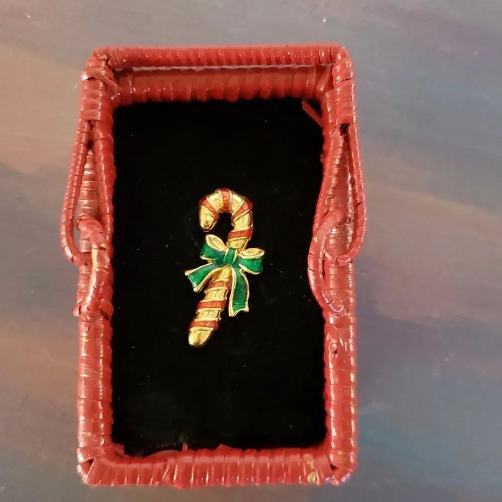 Vintage Avon Candy Cane Pin in Red Wicker Basket